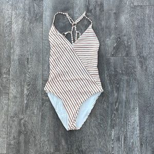 White & Metallic Copper Striped One-Piece Swimsuit